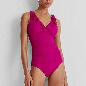 Ralph Lauren Pink Ruffle Slimming Shirred Underwire One-Piece Swimsuit - Size 12